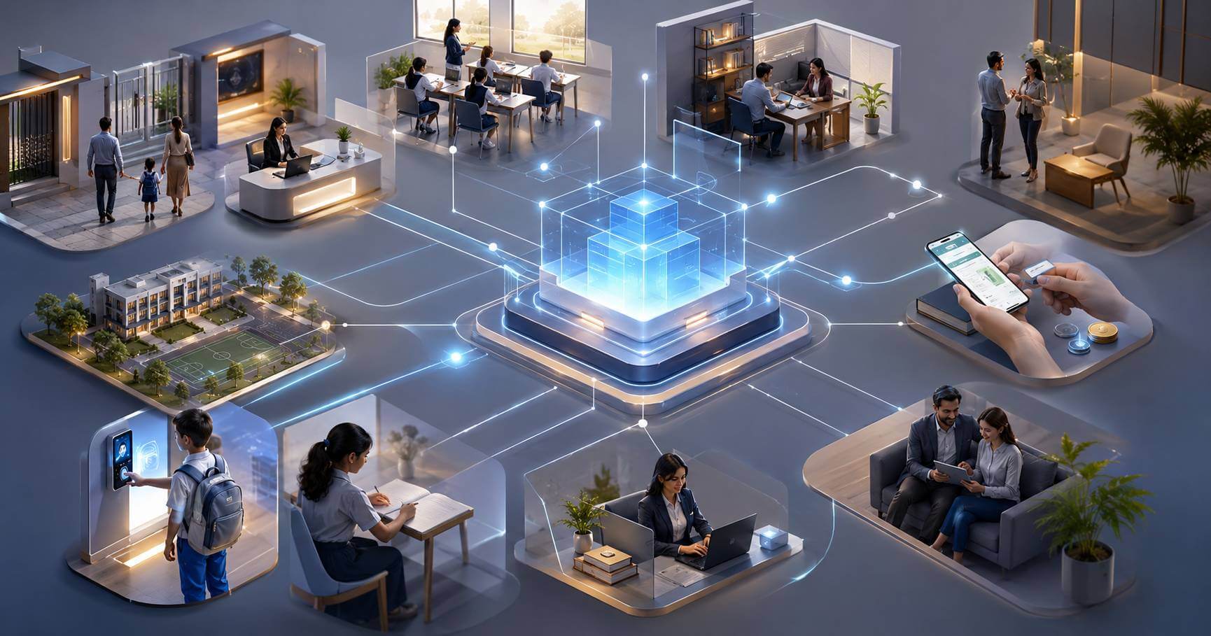 Modern school connected to a centralized digital operating system for managing school operations